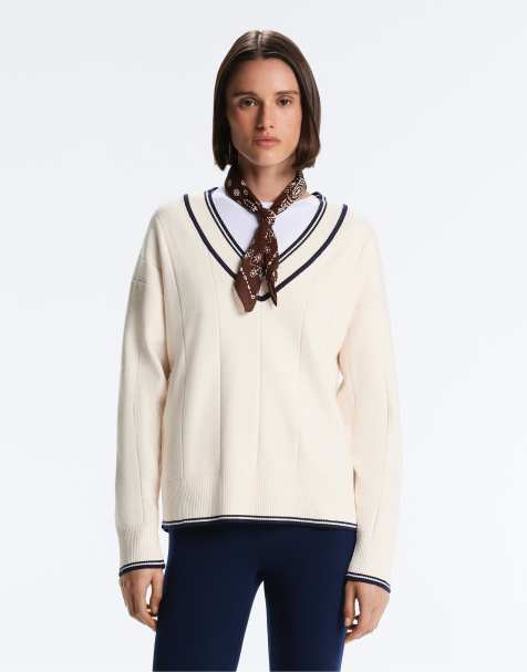 OYSHO – Strickpullover in blassem Ecru mit farblich abgesetztem V-Ausschnitt - view 1