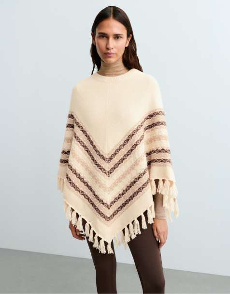 OYSHO strikket poncho i ecru med 30% uld - view 1