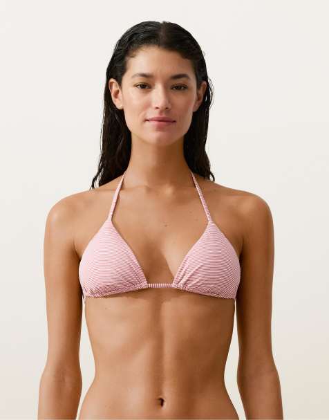 OYSHO Stripe triangle bikini top in red