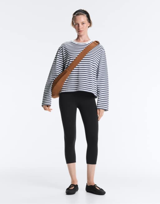 OYSHO Striped 100% cotton boxy long-sleeved t-shirt in blue and white, 2 of 4