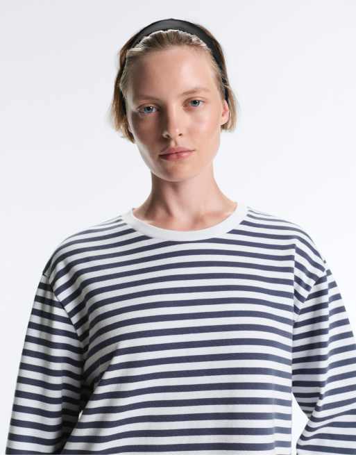 OYSHO Striped 100% cotton boxy long-sleeved t-shirt in blue and white, 3 of 4