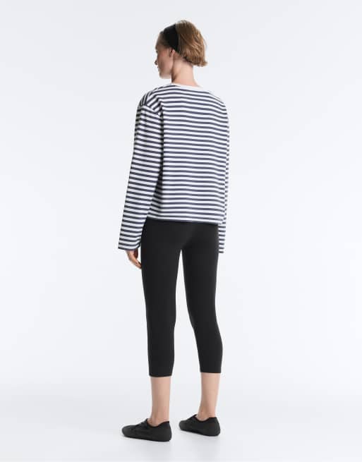 OYSHO Striped 100% cotton boxy long-sleeved t-shirt in blue and white, 4 of 4