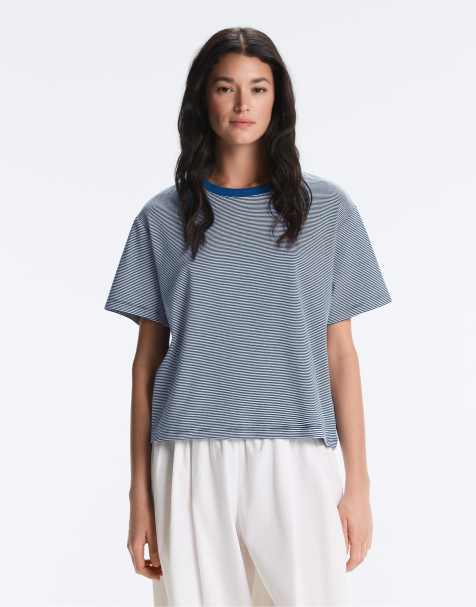 OYSHO Striped boxy short sleeve cotton blend t-shirt in navy - view 1