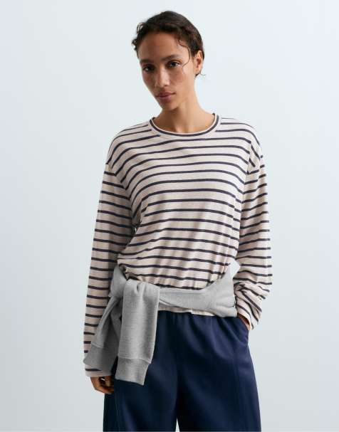 OYSHO Striped cotton-blend long-sleeved t-shirt in mink melange - view 1