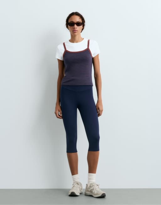 OYSHO Striped cotton-blend rib vest top in navy, 2 of 5