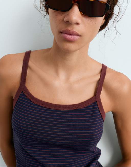 OYSHO Striped cotton-blend rib vest top in navy, 3 of 5