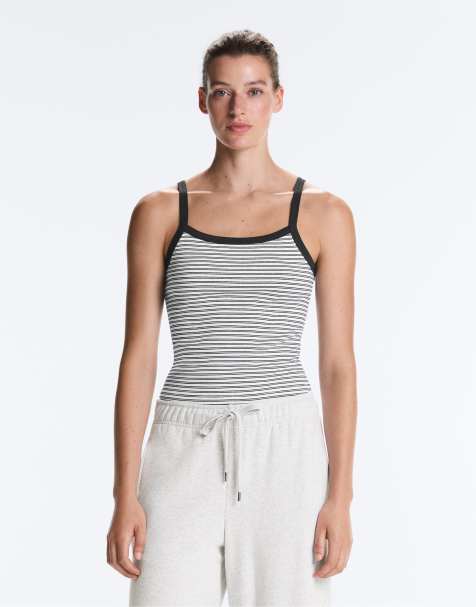 OYSHO Striped cotton-blend rib vest top in off-white - view 1