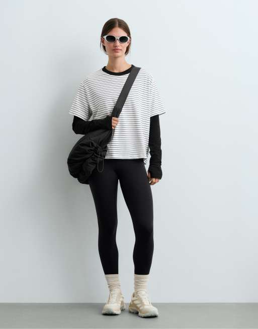 OYSHO Striped cotton blend short sleeve t-shirt in off-white, 2 of 5