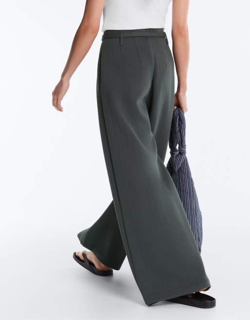 OYSHO Striped cotton piqué wide-leg trousers in grey, 3 of 7