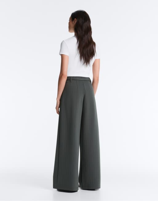 OYSHO Striped cotton piqué wide-leg trousers in grey, 4 of 7
