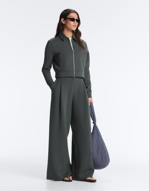 OYSHO Striped cotton piqué wide-leg trousers in grey, 5 of 7
