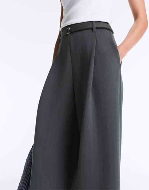 OYSHO Striped cotton piqué wide-leg trousers in grey, 6 of 7