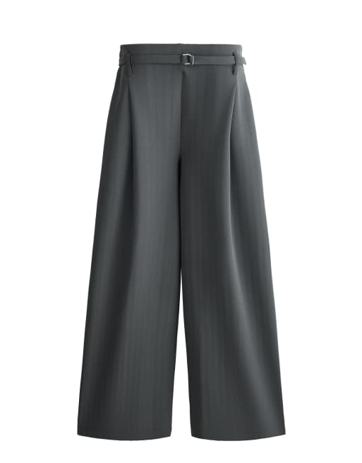 OYSHO Striped cotton piqué wide-leg trousers in grey, 7 of 7