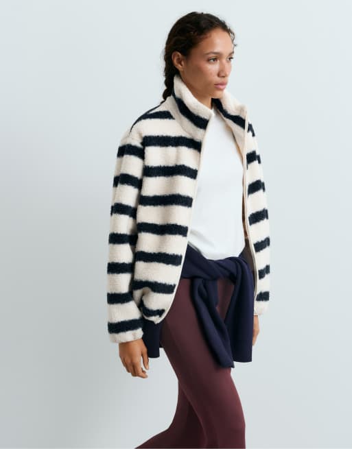 OYSHO Striped faux-shearling jacket in navy, 5 of 7