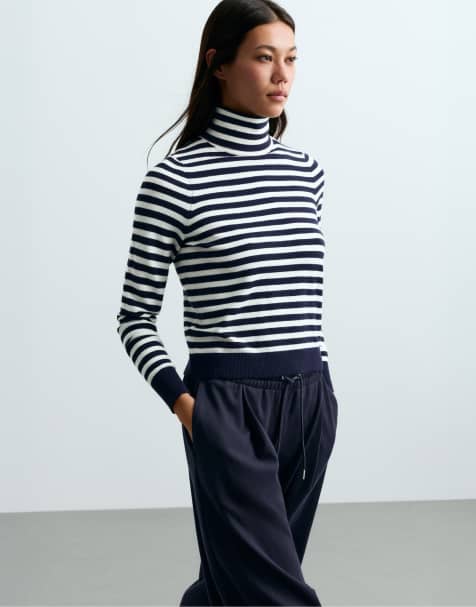 OYSHO Striped high-neck t-shirt in mid blue - view 1