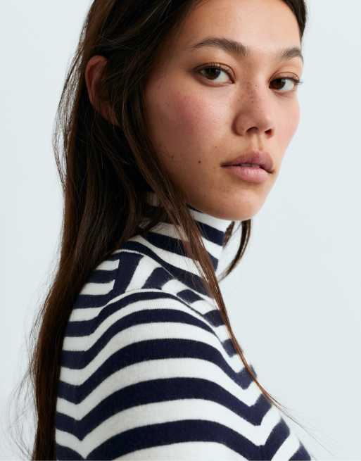 OYSHO Striped high-neck t-shirt in mid blue, 3 of 4