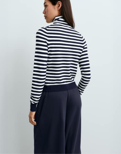OYSHO Striped high-neck t-shirt in mid blue, 4 of 4