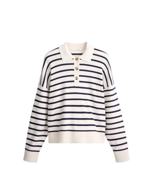 OYSHO Striped knit polo jumper in pale ecru, 6 of 6