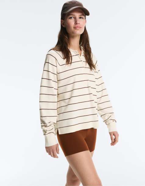 OYSHO Striped long-sleeve polo shirt in pale ecru