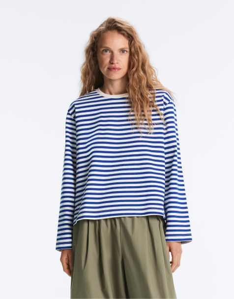 OYSHO Striped long-sleeved cotton t-shirt in electric blue - view 1