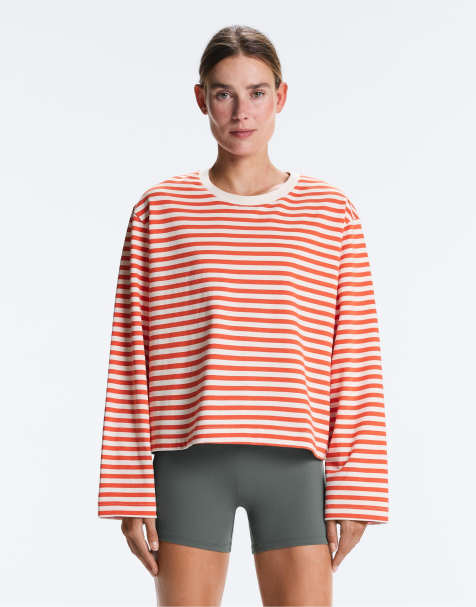 OYSHO Striped long-sleeved cotton t-shirt in orange - view 1