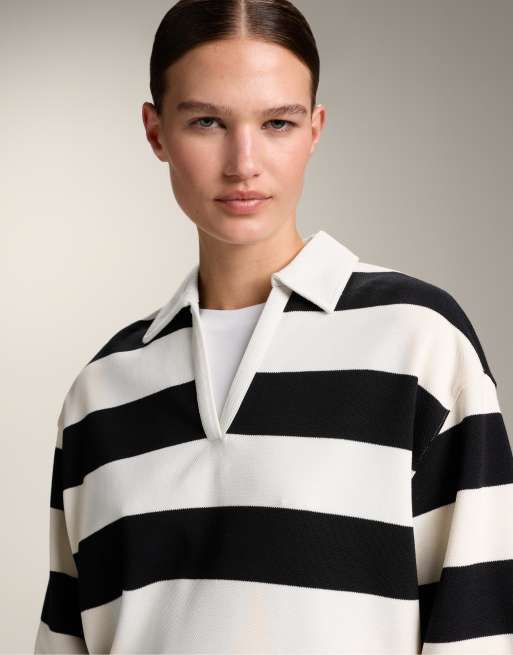 OYSHO Striped piqué polo shirt with cotton in black, 3 of 4