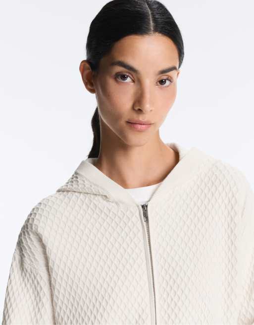 OYSHO Structured knit hooded jacket in pale ecru, 4 of 4