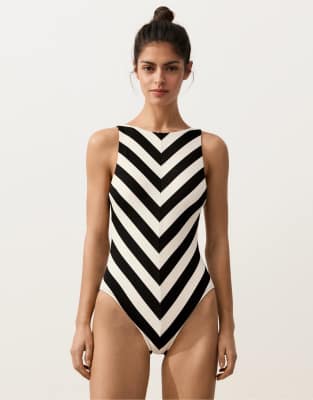 OYSHO - Strukturierter Neckholder-Badeanzug mit Streifen in Schwarz und Weiß