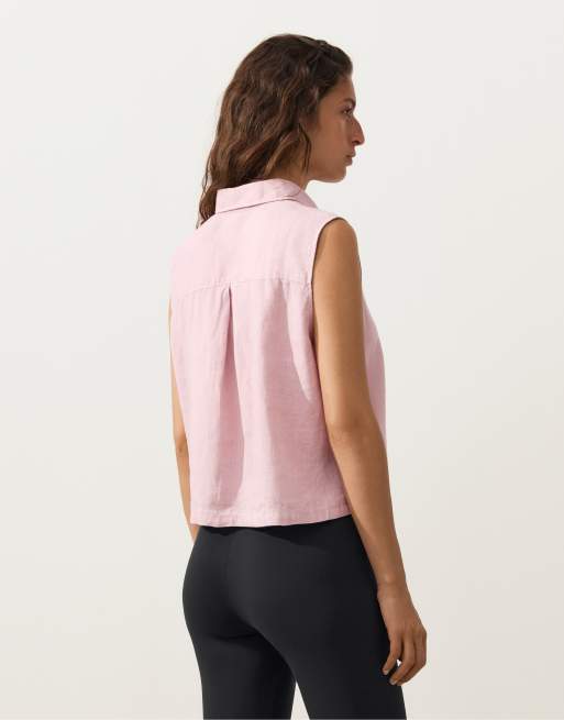 Oysho - Støvet lyserød ærmeløs cropped skjorte i 100% hør, 4 af 4