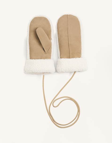 OYSHO Suede and faux-shearling mittens with cord in toasted brown - view 1