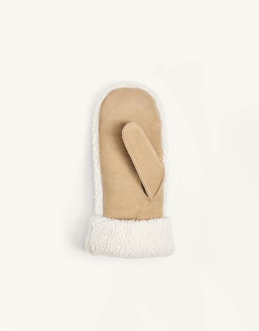 OYSHO Suede and faux-shearling mittens with cord in toasted brown, 2 of 3