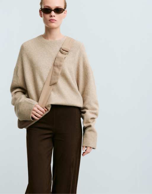 OYSHO Suede-effect straight-leg trousers in dark brow, 3 of 5