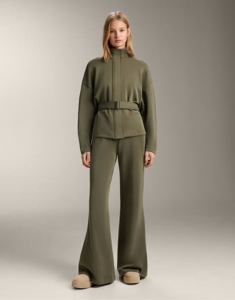 OYSHO Super high-rise flare trousers with brushed modal in green - view 1