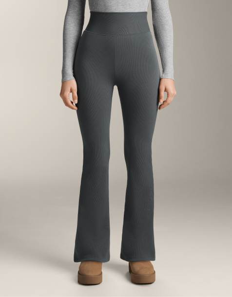 OYSHO Super high rise seamless extra warm rib 70cm flare trousers in anthracite grey