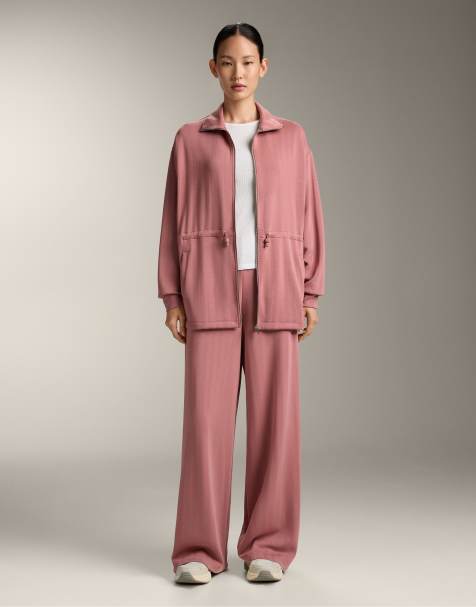 OYSHO Super high rise striped textured trousers in russet mocha