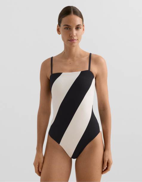 OYSHO – Svart baddräkt i piké med bandeau-ringning och diagonala ränder - view 1