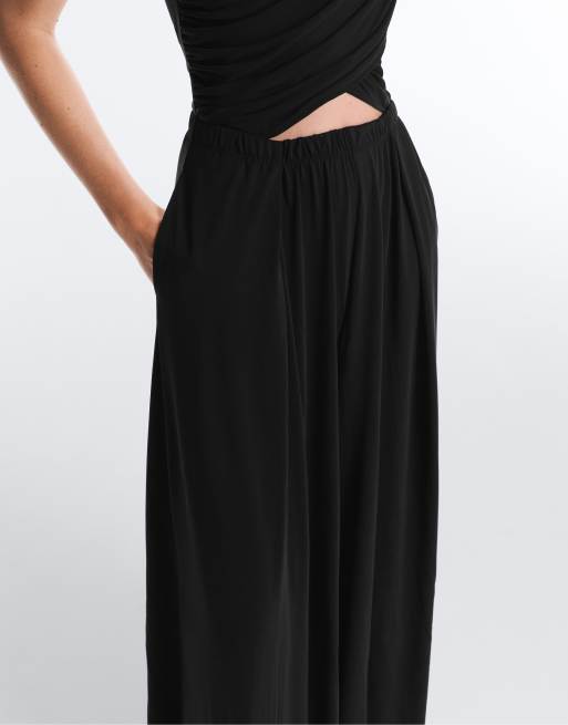 OYSHO – Svart, lång jumpsuit i modalmix med omlottdesign, 3 av 4
