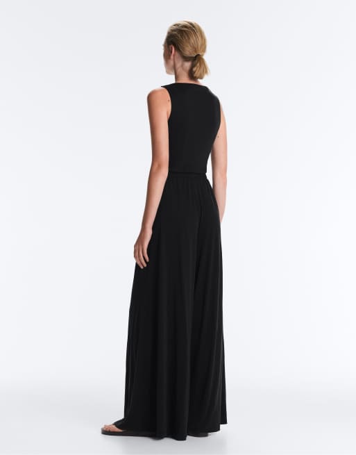OYSHO – Svart, lång jumpsuit i modalmix med omlottdesign, 4 av 4