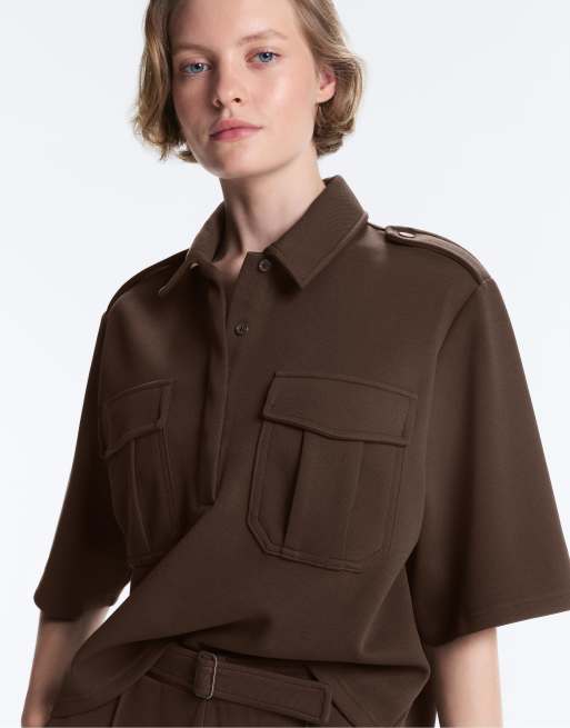 OYSHO - Sweat fonctionnel à manches courtes en piqué de coton - Marron, 3 de 4