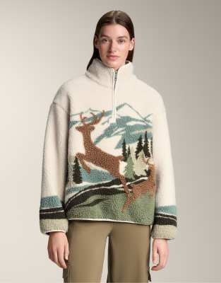 OYSHO - Sweatshirt aus Lammfellimitat in Ecru mit Landschaft-und-Reh-Motiv-Neutral