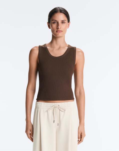 OYSHO - T-shirt a coste con spalline larghe in cotone e modal marrone - view 1
