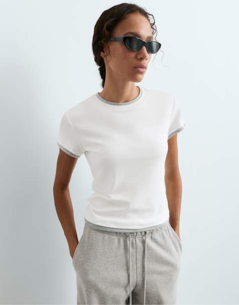 Oysho - T-shirt à manches courtes en coton mélangé effet double côtes - Blanc cassé - view 1