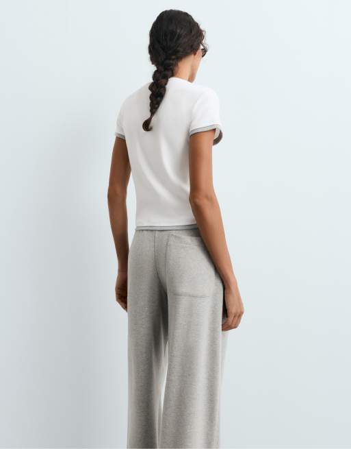 Oysho - T-shirt à manches courtes en coton mélangé effet double côtes - Blanc cassé, 4 de 5