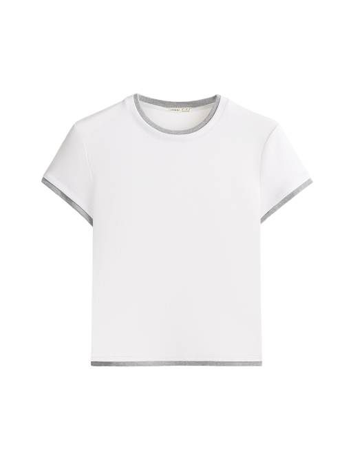 Oysho - T-shirt à manches courtes en coton mélangé effet double côtes - Blanc cassé, 5 de 5