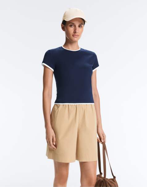 Oysho - T-shirt à manches courtes en coton mélangé effet double côtes - Bleu marine - view 1