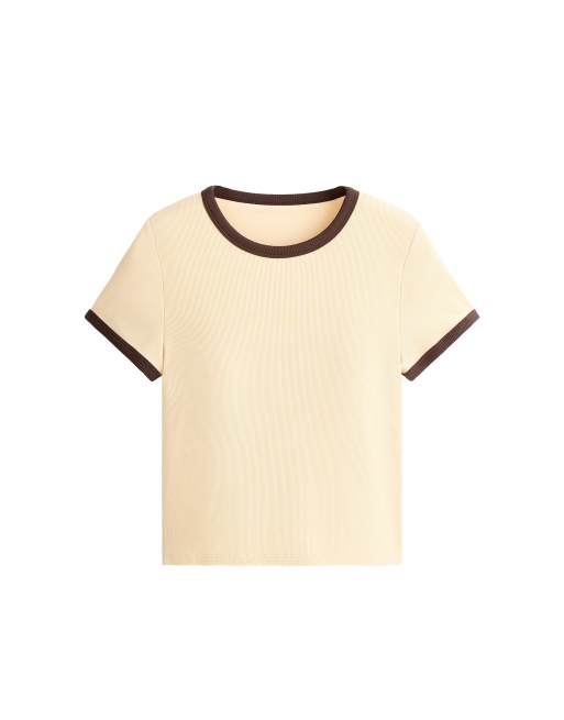 OYSHO t-shirt à manches courtes en mélange modal côtelé contrasté crème, 5 de 6