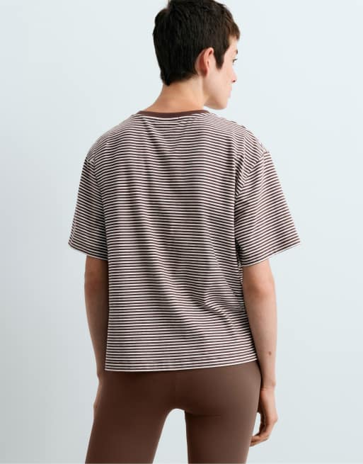 OYSHO t-shirt à manches courtes rayé en mélange de coton coupe regular marron, 4 de 4
