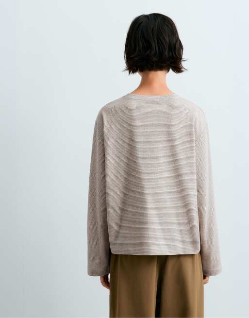 OYSHO t-shirt à manches longues en coton mélangé, coloris avoine, 4 de 5