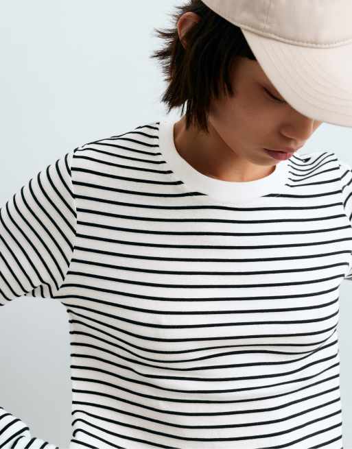 OYSHO t-shirt à manches longues rayé en coton mélangé noir, 2 de 4