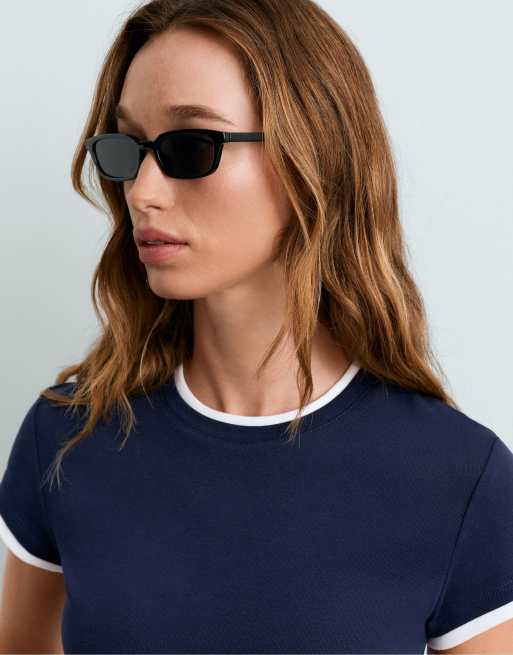 OYSHO - T-shirt a maniche corte in misto cotone blu navy a coste doppie, 3 di 5